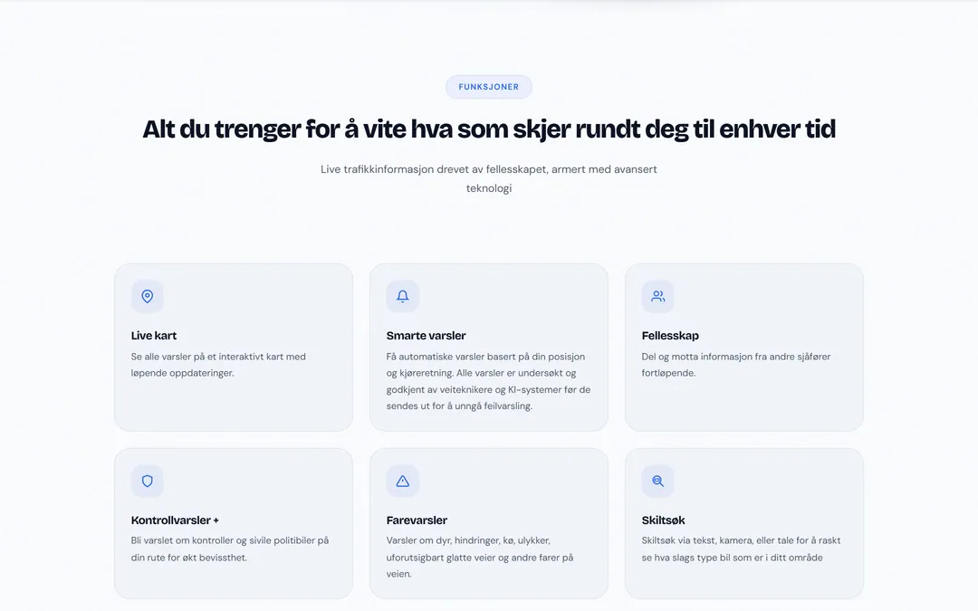Funksjonsoversikten på tryggeveier.no med live kart, smarte varsler, fellesskap, kontrollvarsler, farevarsler og skiltsøk