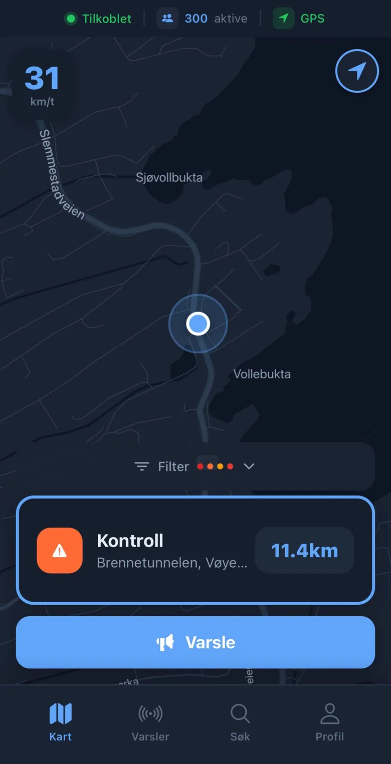 TryggeVeier-appen med kartvisning, et kontrollvarsel 11,4 km unna og knappen Varsle