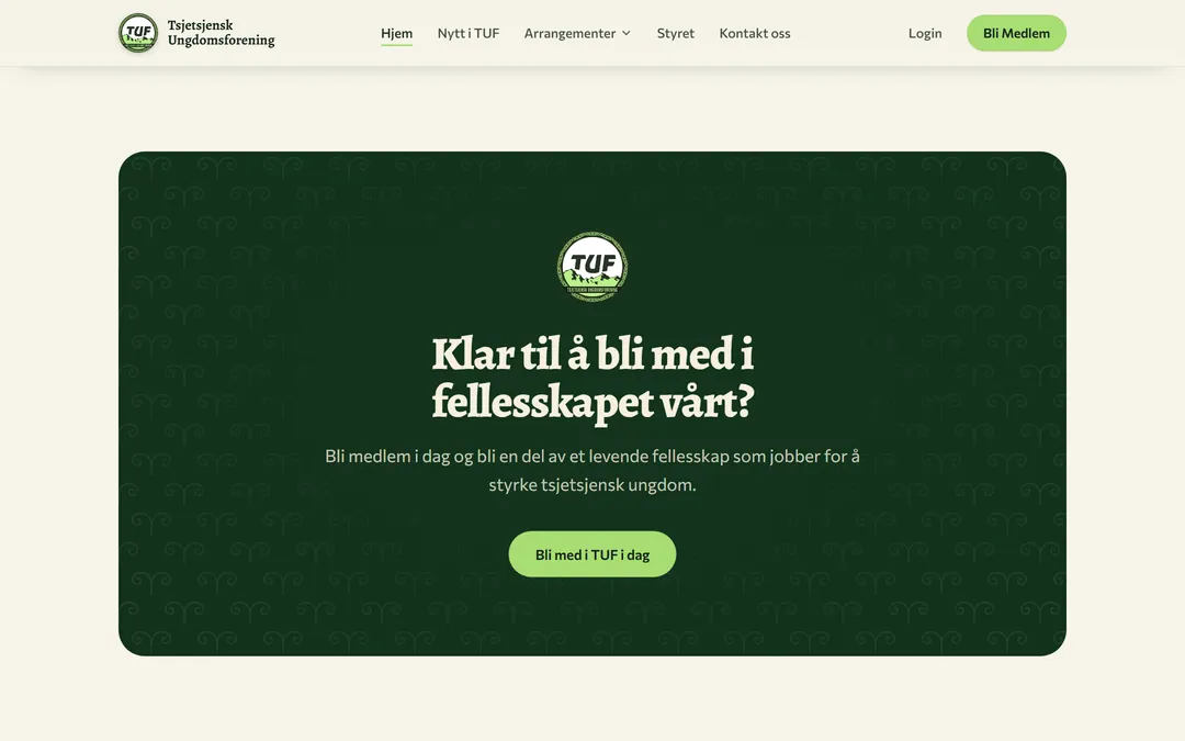 Seksjonen Klar til å bli med i fellesskapet vårt? på tufnorge.no med TUF-merket, ornamenter og knappen Bli med i TUF i dag