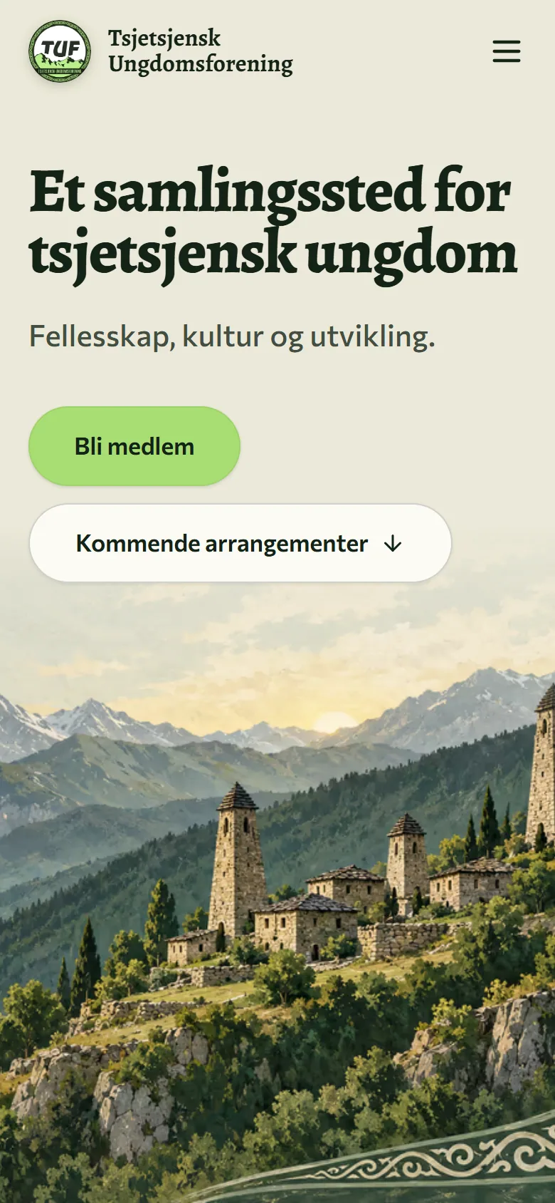 Forsiden til Tsjetsjensk Ungdomsforening på mobil med overskriften Et samlingssted for tsjetsjensk ungdom og knappen Bli medlem