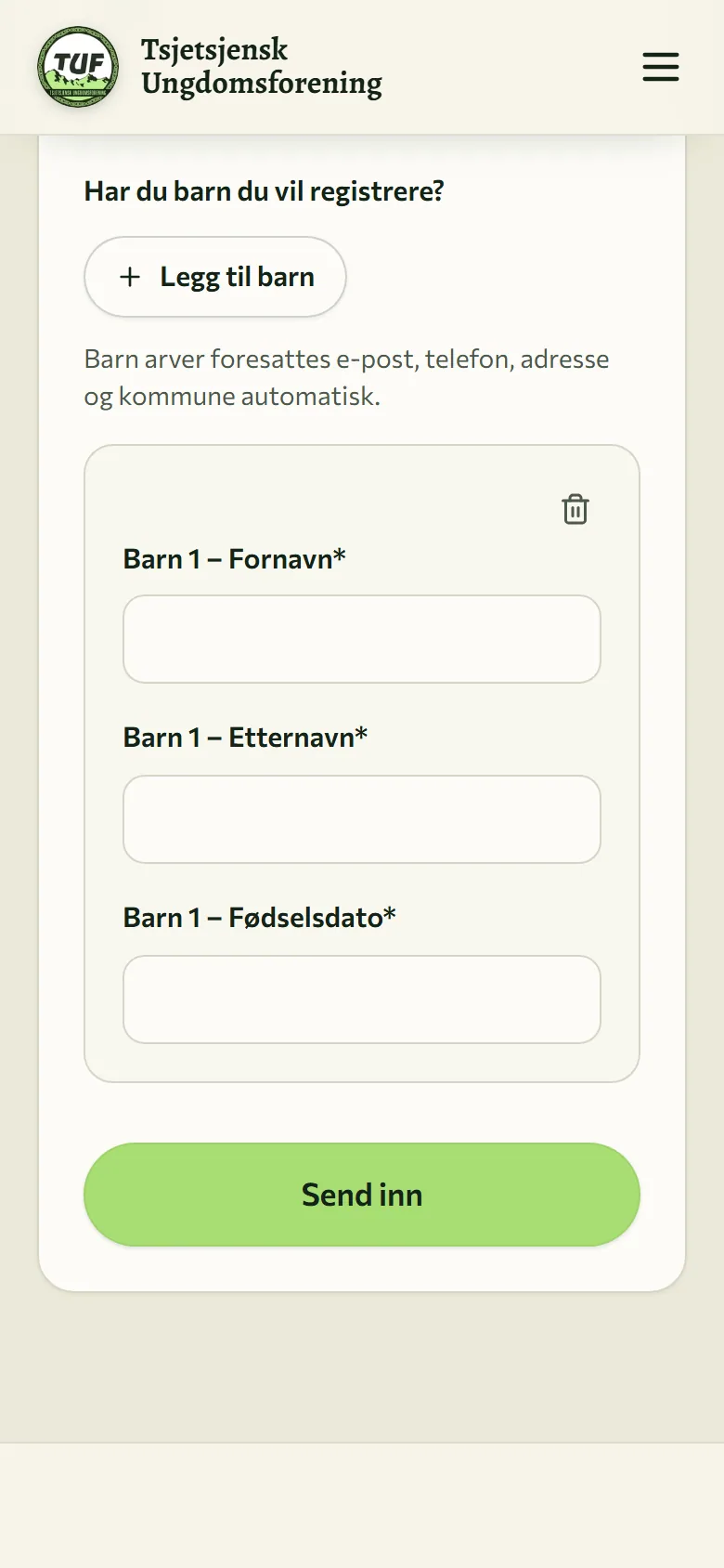 Innmeldingsskjemaet på mobil etter et trykk på Legg til barn, med felt for barnets fornavn, etternavn og fødselsdato og knappen Send inn