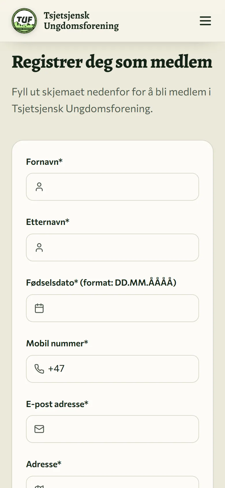 Innmeldingsskjemaet Registrer deg som medlem på mobil, med felt for fornavn, etternavn, fødselsdato, mobilnummer, e-post og adresse