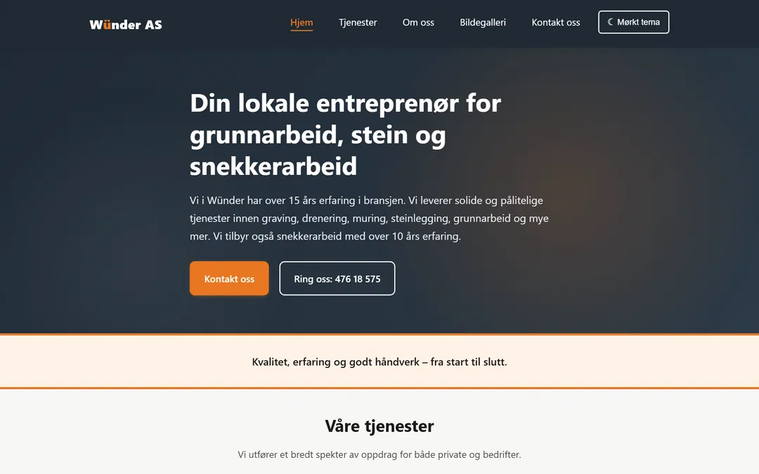 Forsiden til wuender.no med tjenestene til entreprenøren