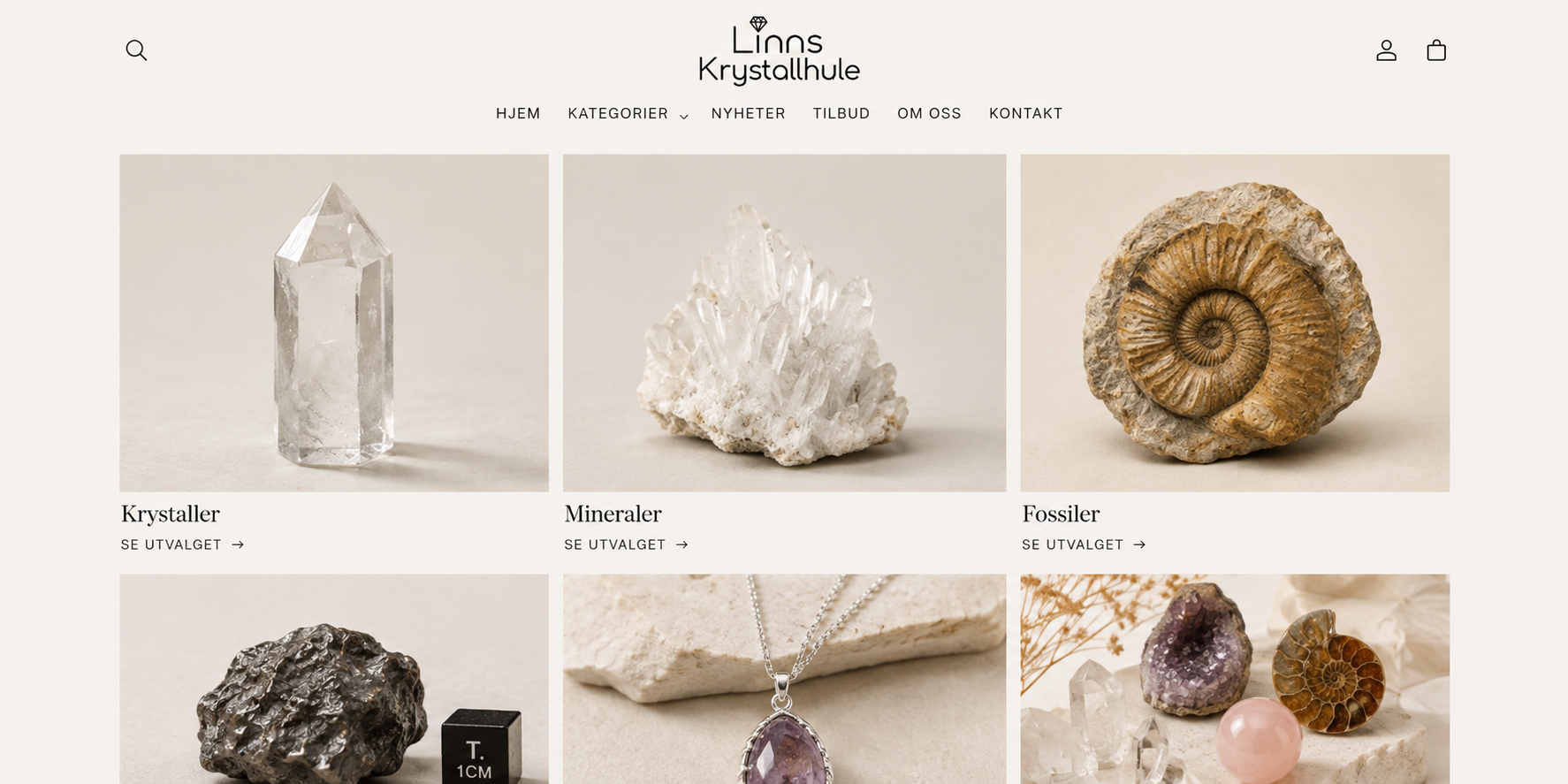 Nettbutikken til Linns Krystallhule med krystaller, mineraler og fossiler sortert i kategorier, bygget av Webtoget