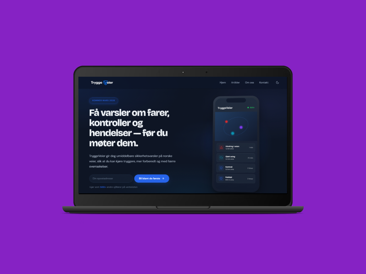 Nettside for TryggeVeier som viser trafikksikkerhetsinnhold og fartsb&oslash;ter-informasjon for norske bilister, designet av Webtoget