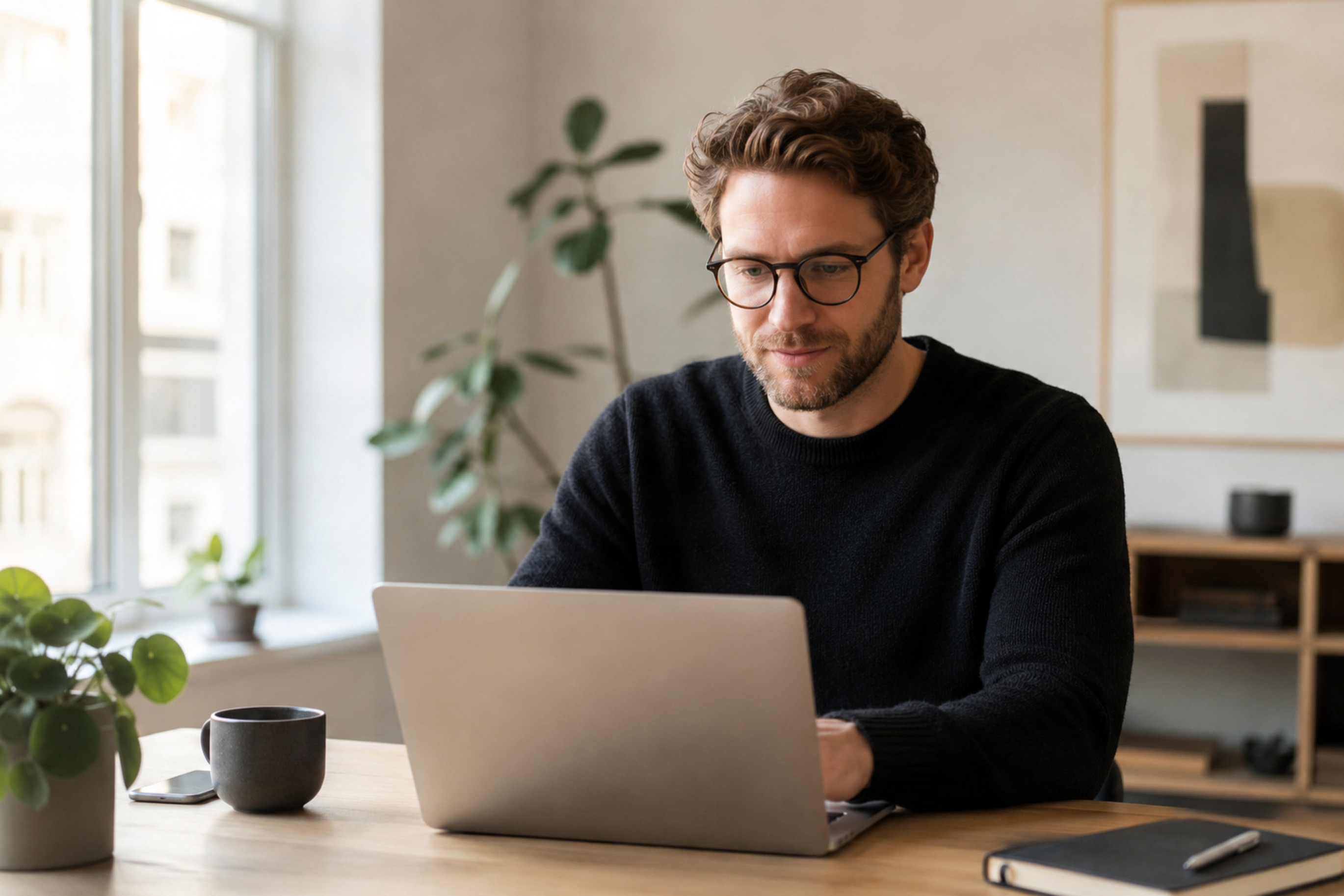 Kazbek Gajtukajev, webdesigner og grunnlegger av Webtoget, jobber med webutvikling på laptop ved et lyst kontorbord med planter og dagslys.