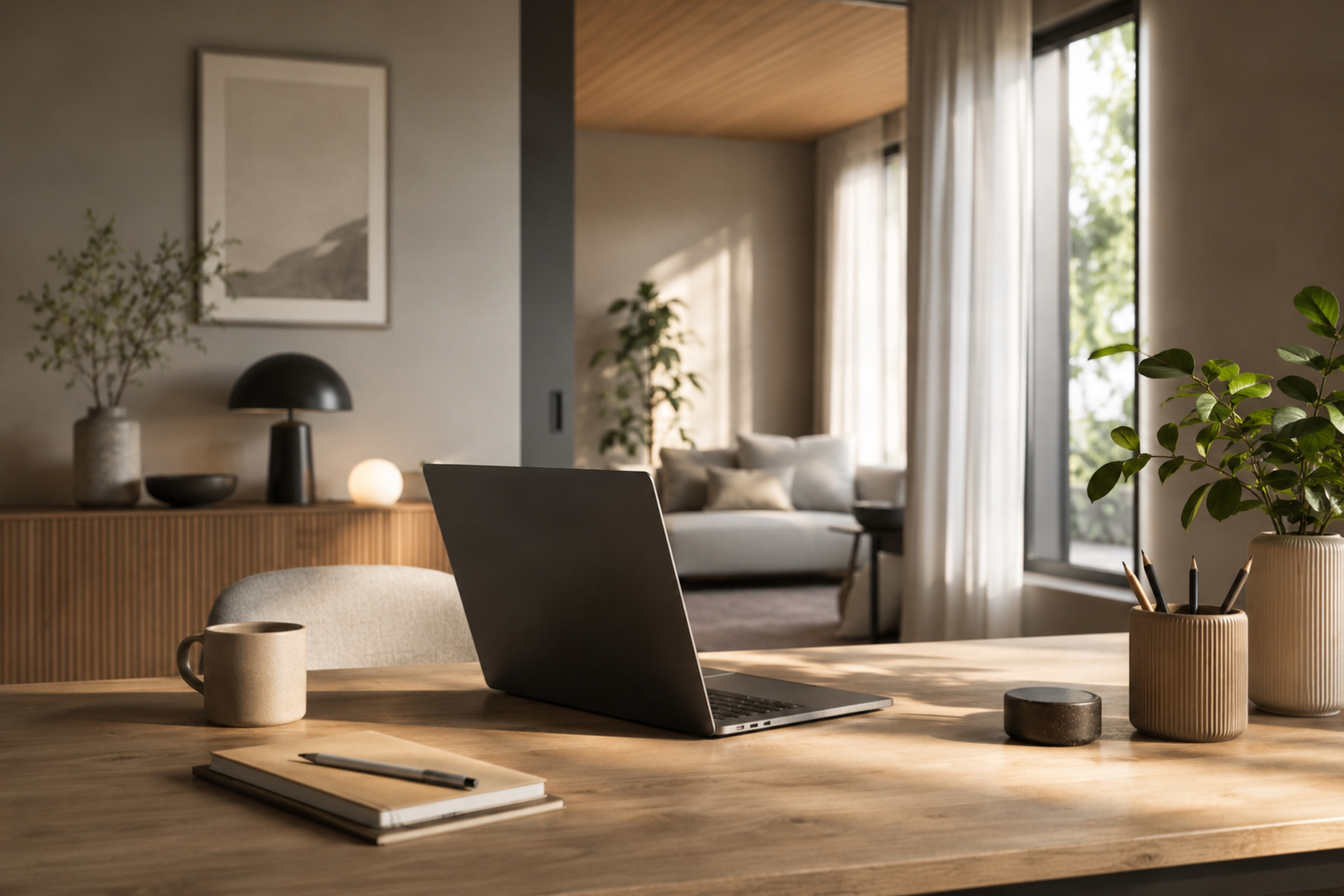 Webdesignstudioet til Webtoget — laptop, notatbok og kaffekopp på et eikebord i et lyst kontor med planter og dagslys, brukt som bakgrunn for digitalt arbeid.